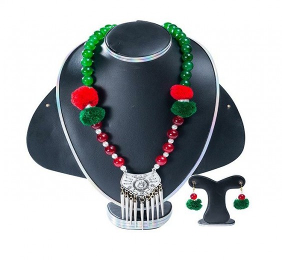 Green And Red Stone Pearl Handmade Jewellery Set For Women(Js_48)